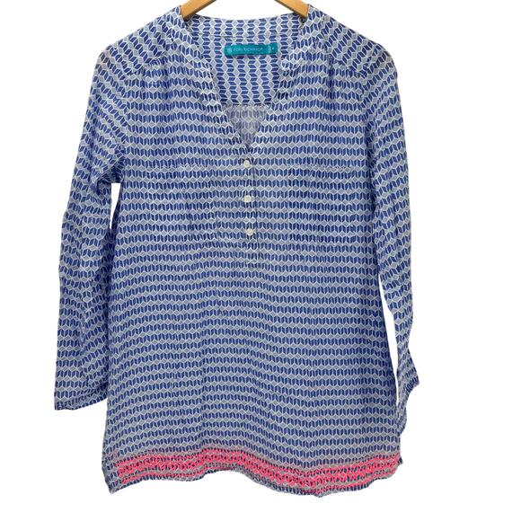 Tori Richard Blouse Womens Small Coastal Blue Popover Long Roll Tab Sleeves - Picture 1 of 8